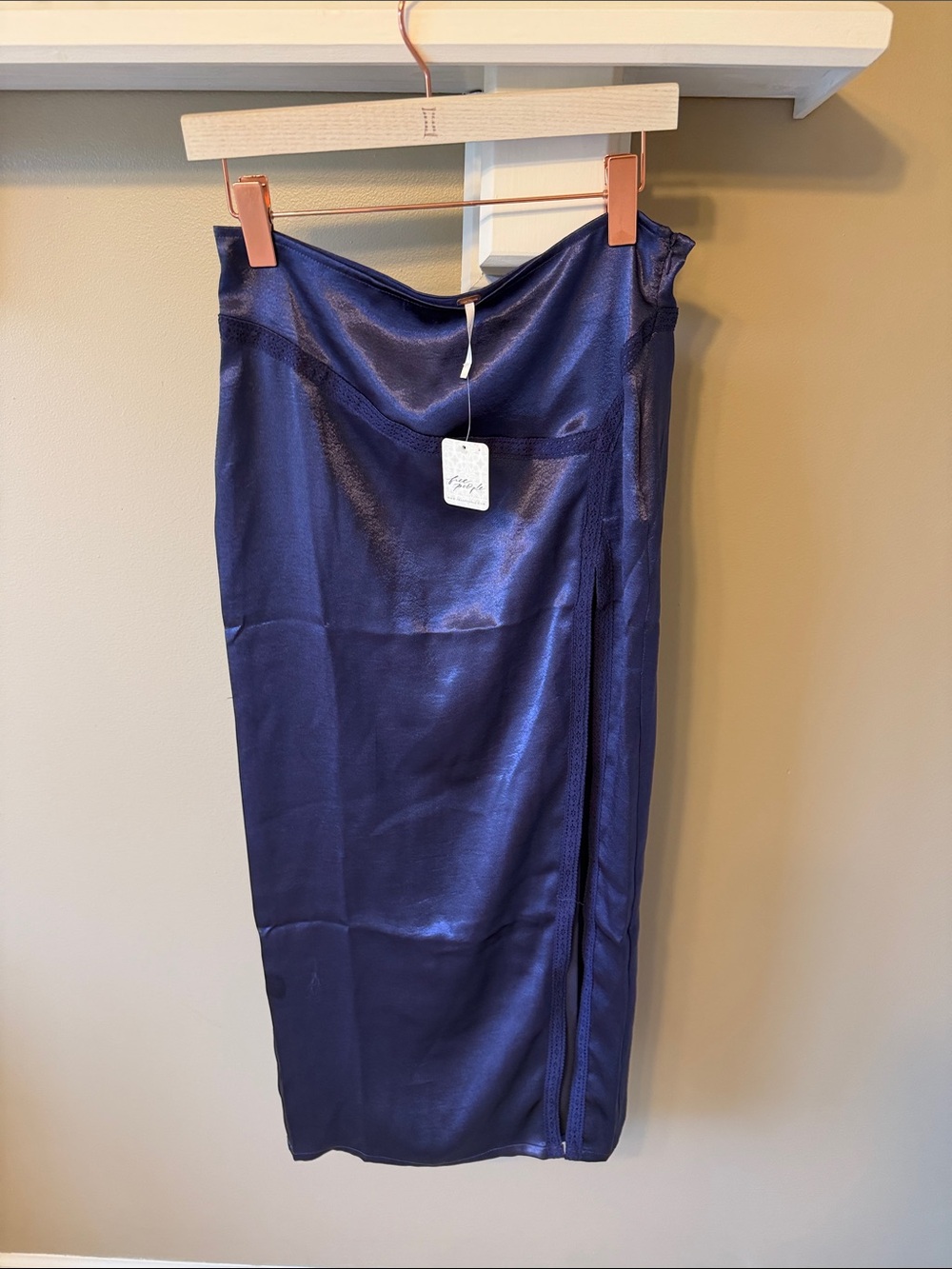 Free People Shiny Navy Satin Midi Skirt
